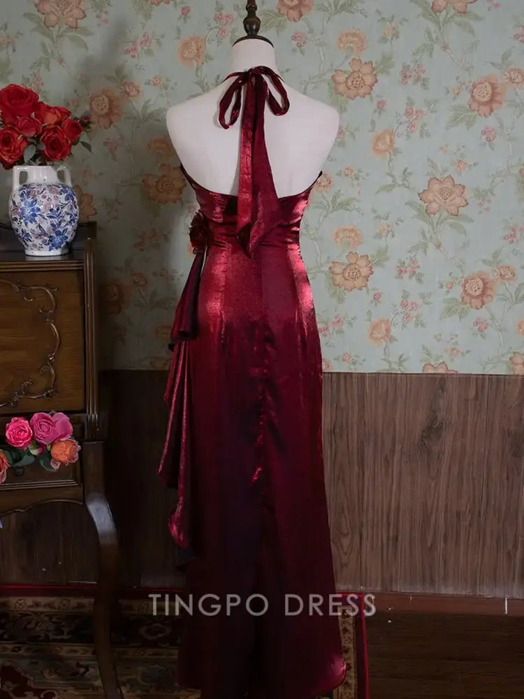 TingPo Wholesale Elegant Vintage Dark Red Shimmer Halter Neck Floral Prom Gown Birthday Dress